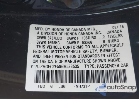 2016 Honda Civic Lx z USA, uszkodzony, nr VIN 2HGFC2F59GH533505